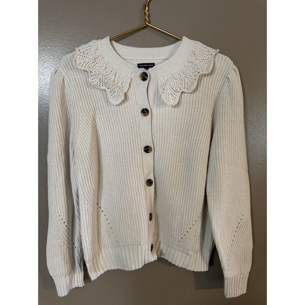 WHO WHAT WEAR Ivory Crochet Collar Button Cardigan Sweater Cotton Acrylic M